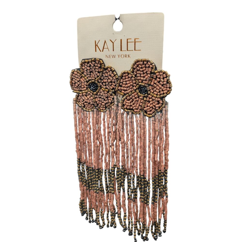 Kay Lee New York Beaded Boho Flower Fringe Earrings 6.5" Bronze Gold